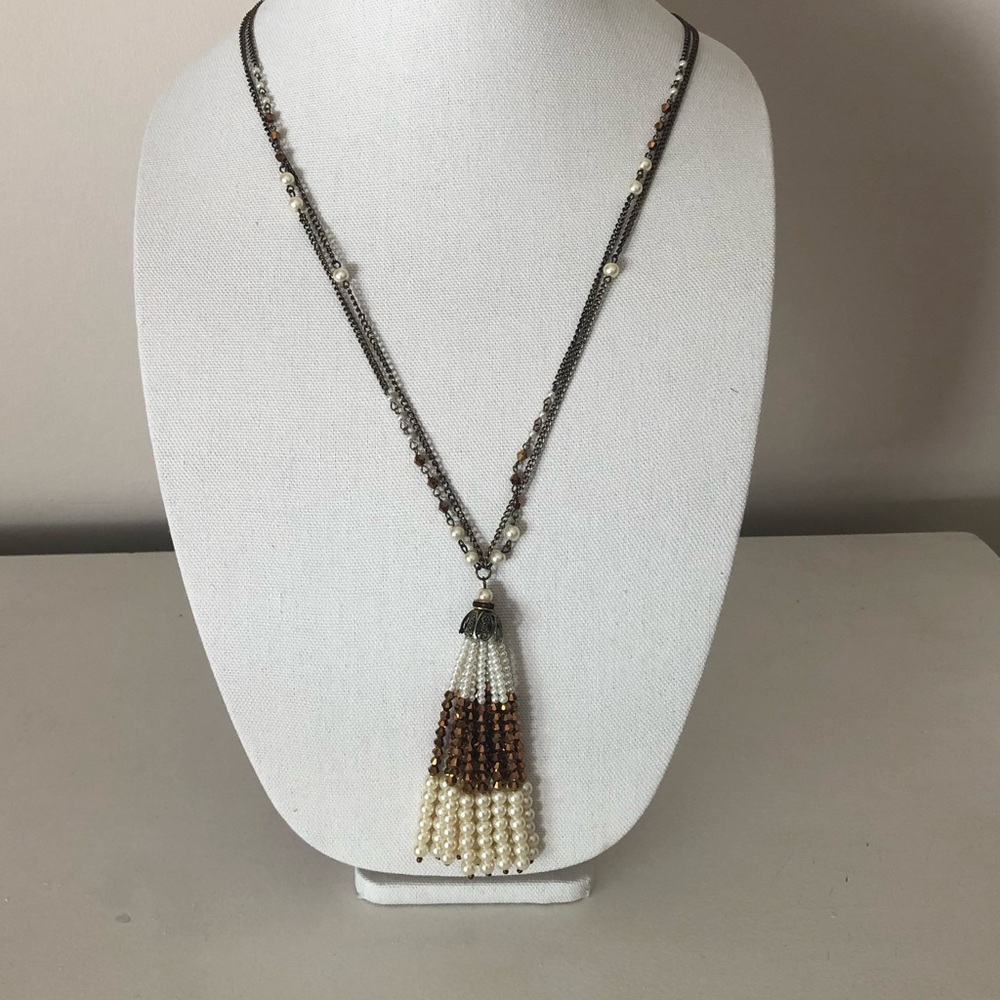 Tassel necklace with faux pearls and crystals